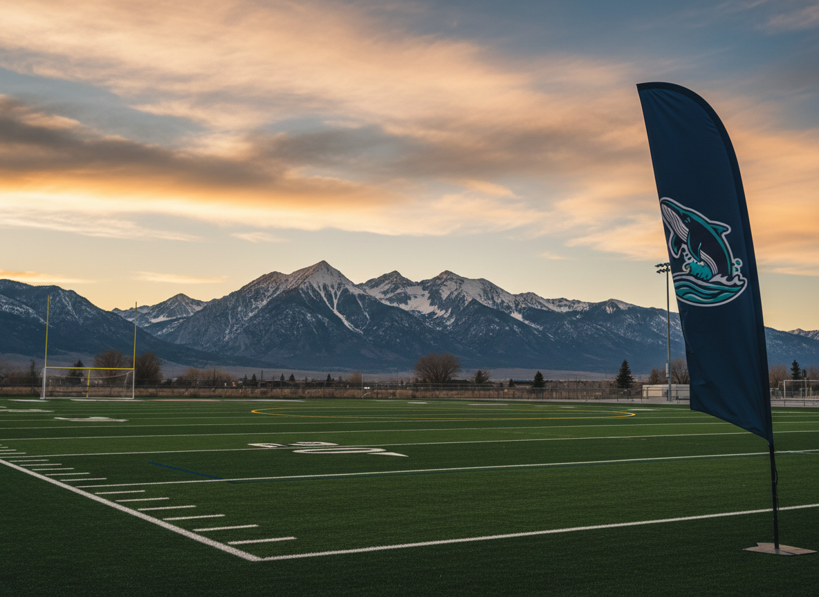 A dramatic wide photographic scene of a lacrosse field at golden hour set against the rugged Wasatch Mountains of Utah.