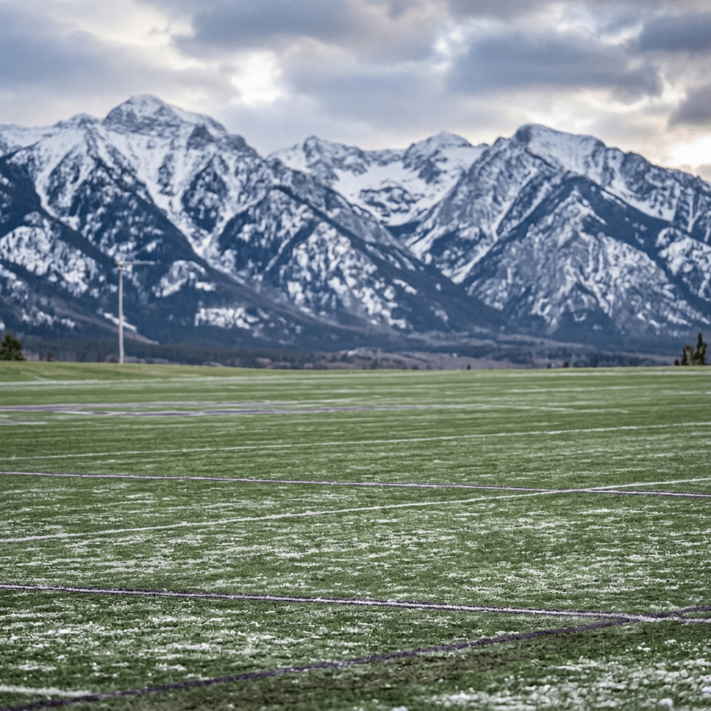 Female lacrosse players in action on snowy field with mountains and crowd in background